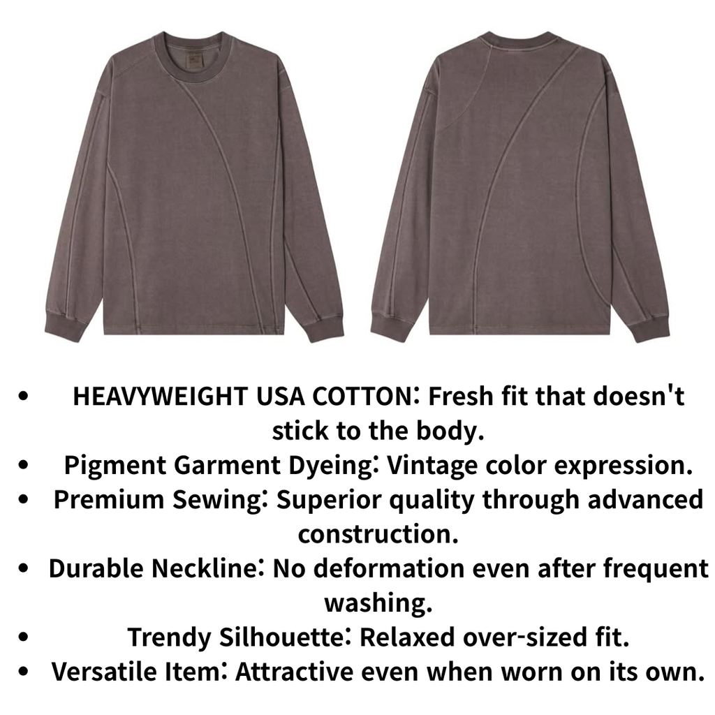 T-shirt a maniche lunghe in cotone pesante USA con pigmento curvo