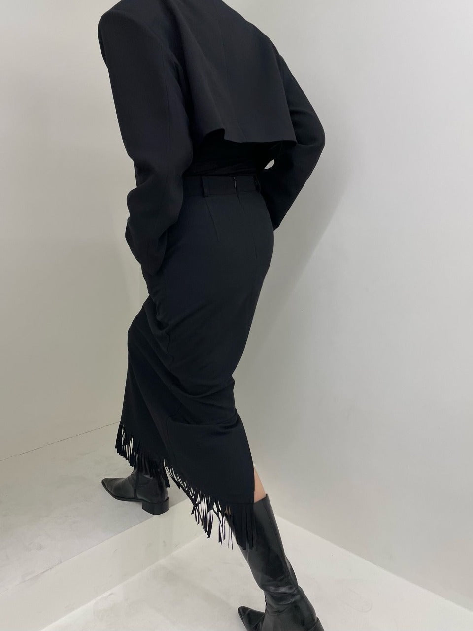 Fringe Skirt Set Black front view styled with boots
