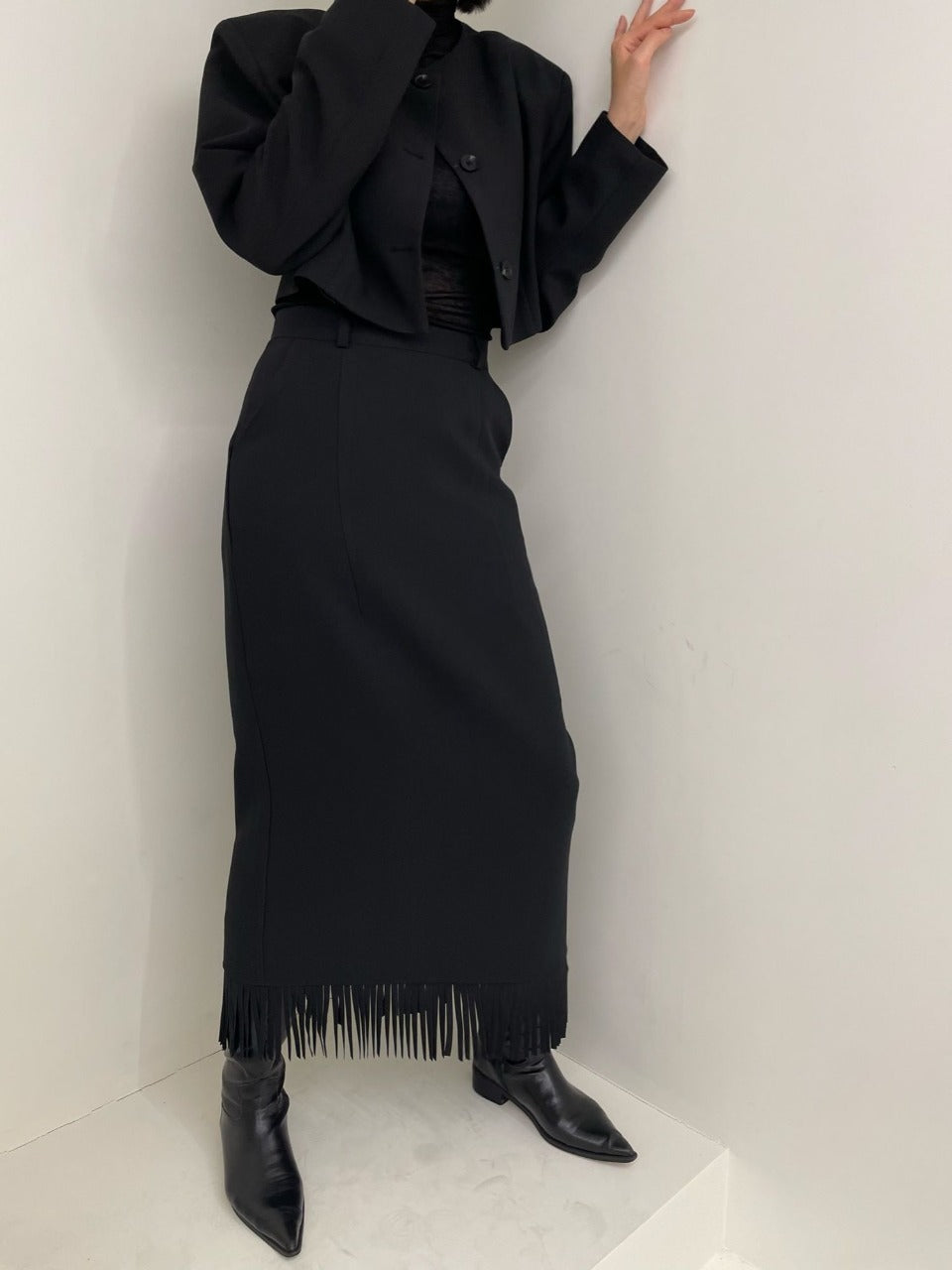 Fringe Skirt Set Black side view styled with boots