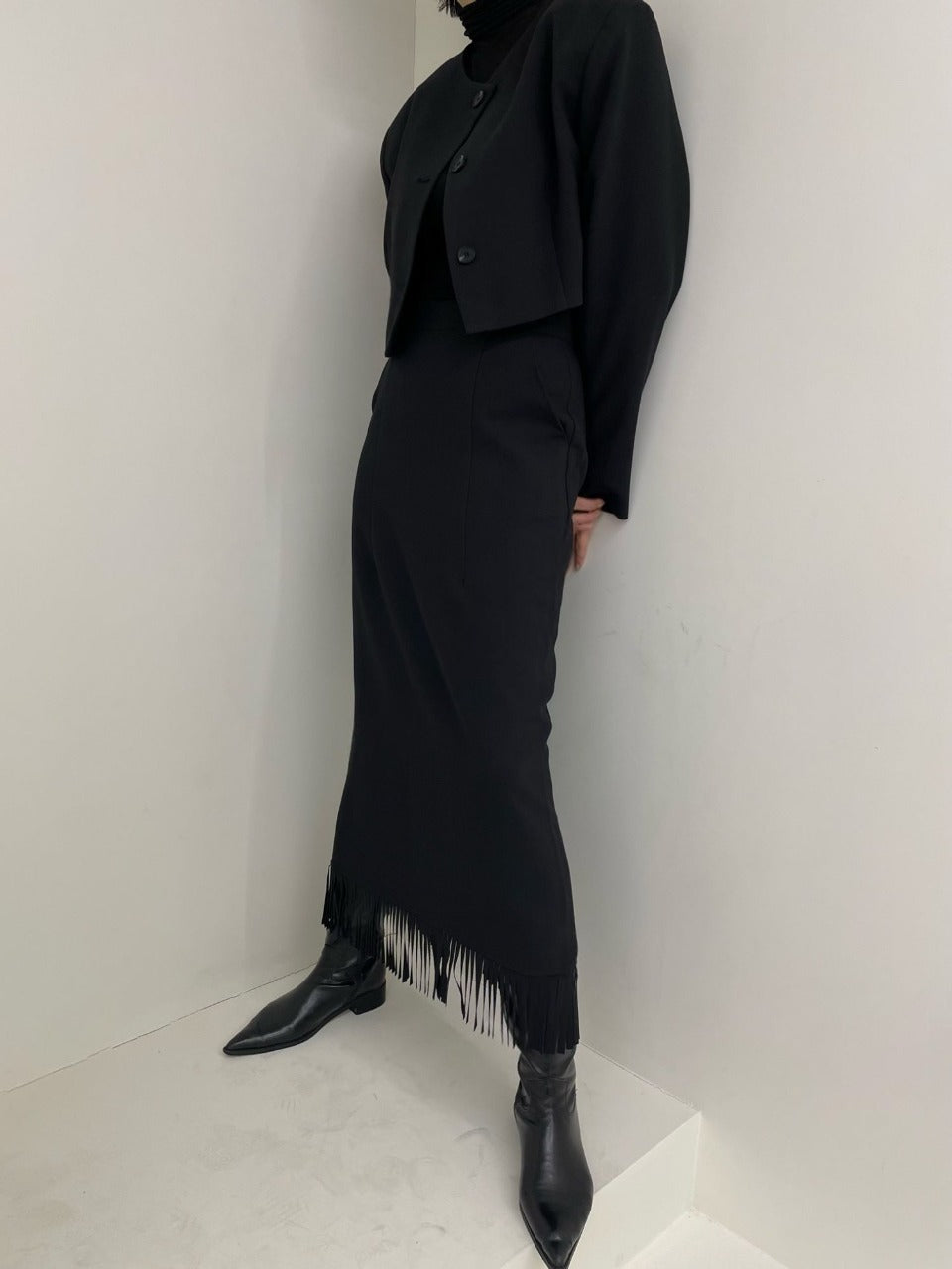 Fringe Skirt Set Black back view styled with boots