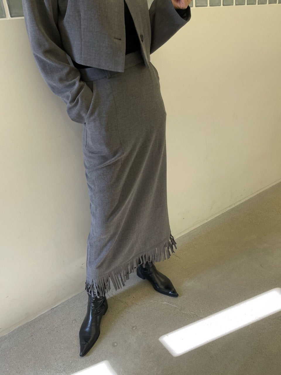 Fringe Skirt Set Black front view full body styled