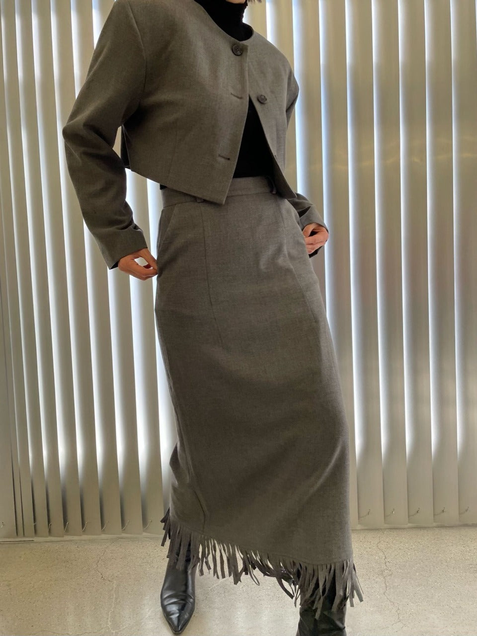 Fringe Skirt Set Gray front view full body styled
