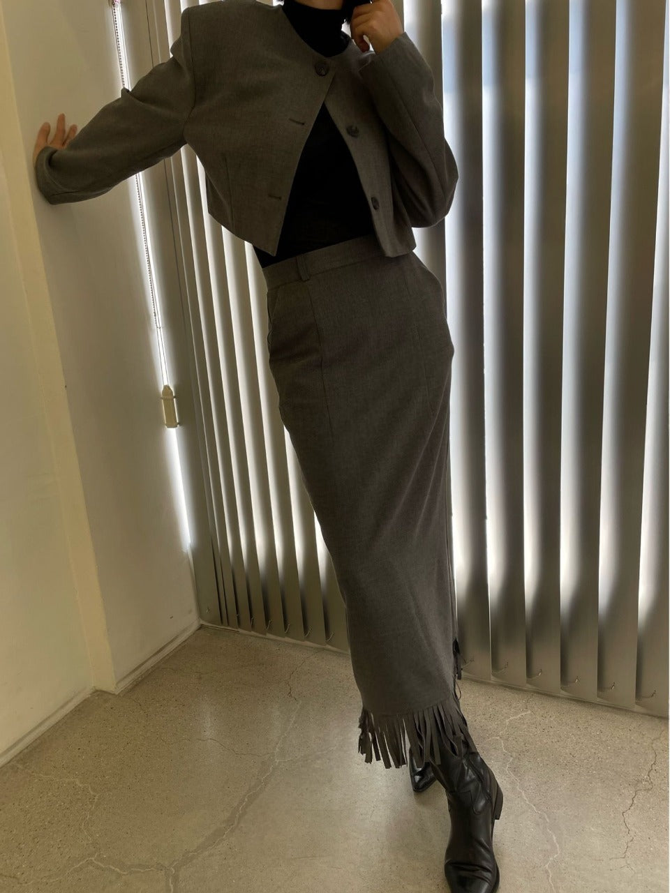 Fringe Skirt Set Gray front view styled with boots