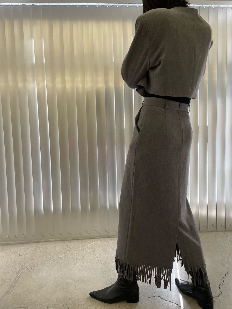Fringe Skirt Set Gray side view styled with boots