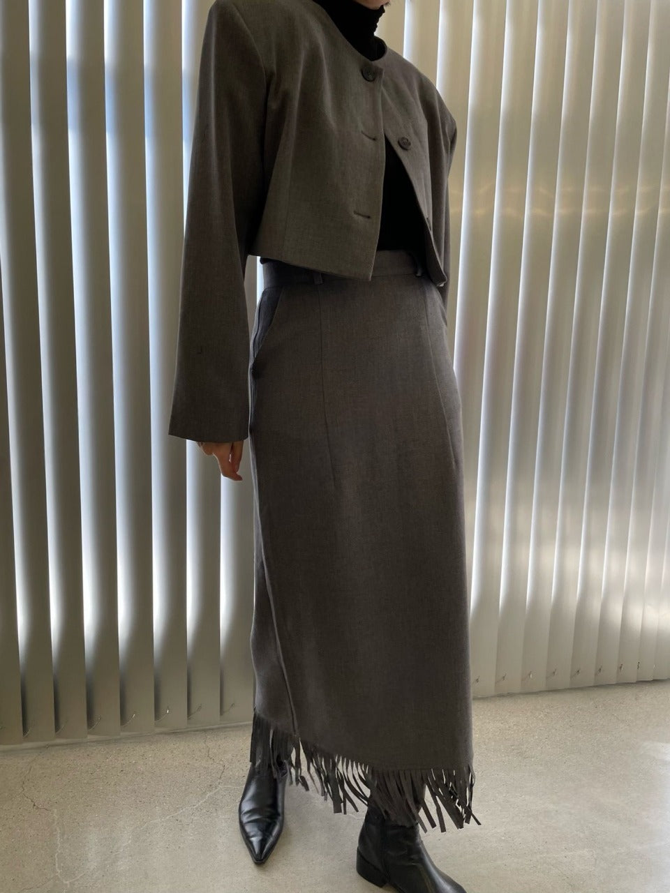 Fringe Skirt Set Gray back view styled with boots