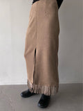 Suede Fringe Midi Skirt Dark Beige full body front styled