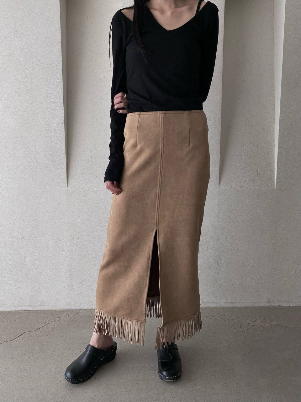 Suede Fringe Midi Skirt Dark Beige full body front styled outfit 2