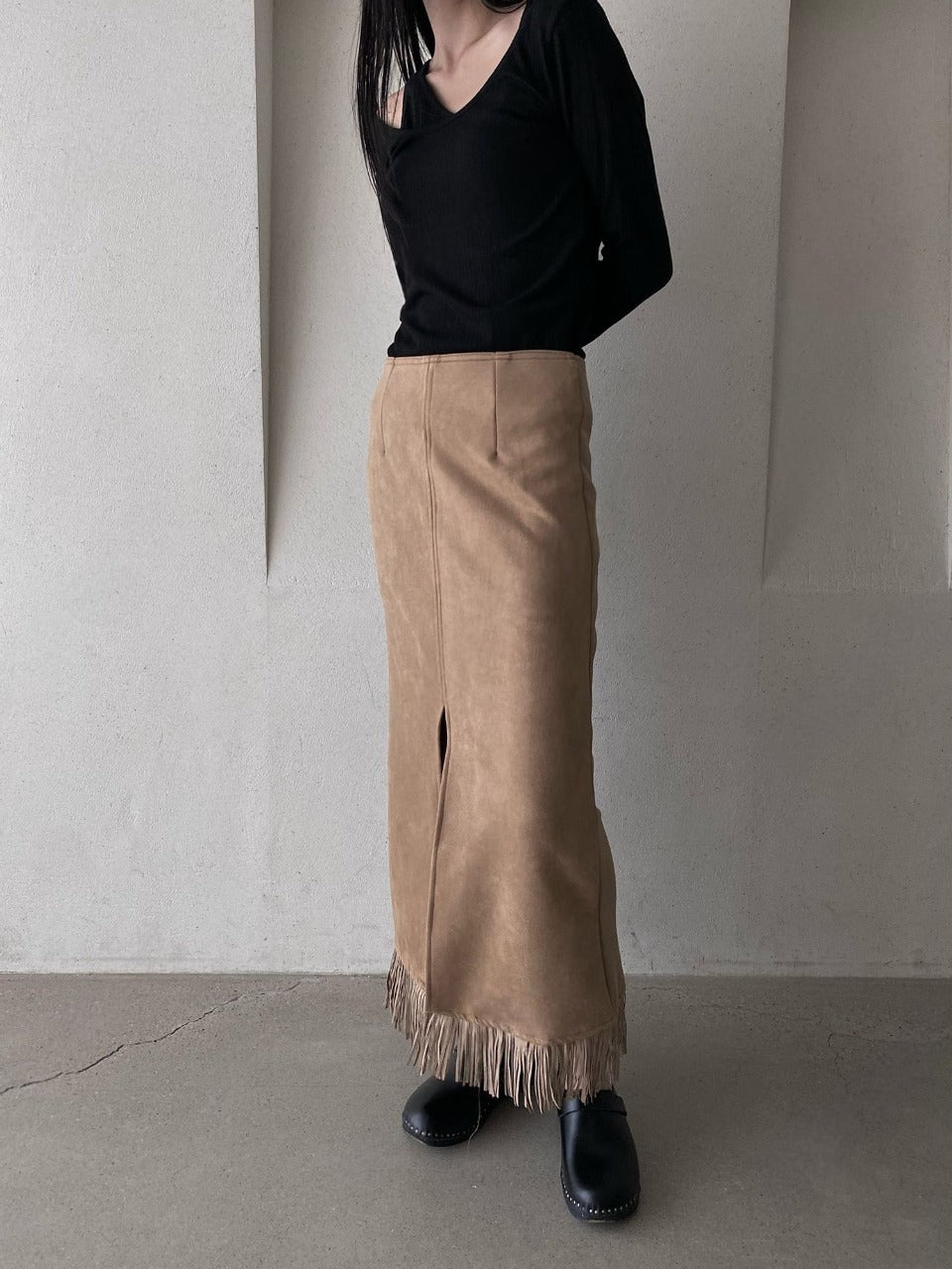 Suede Fringe Midi Skirt Dark Beige side view styled with boots