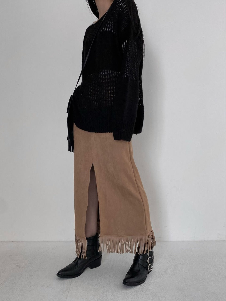 Suede Fringe Midi Skirt Dark Beige full body front styled outfit 3