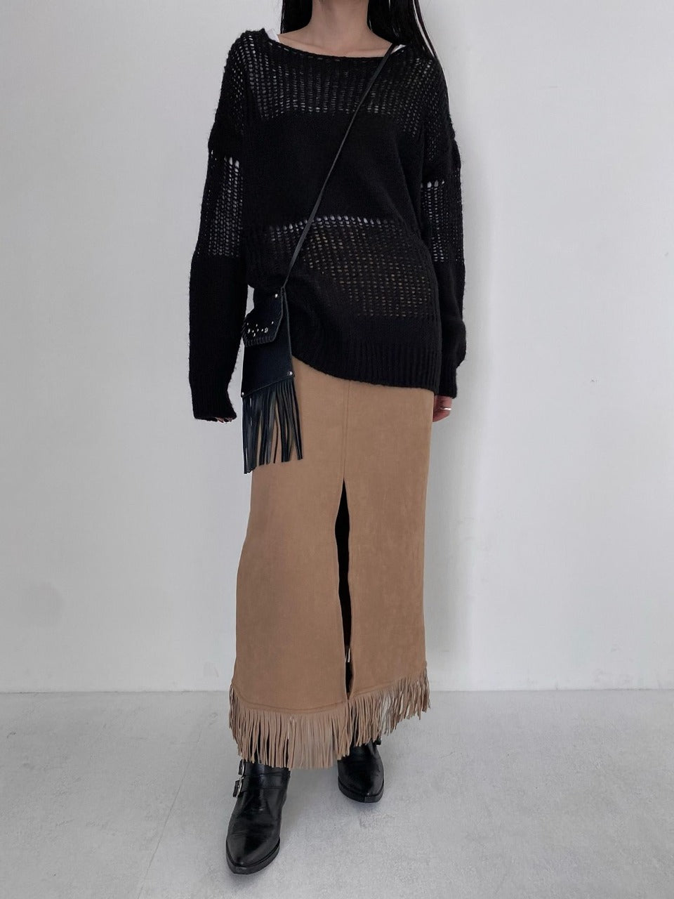 Suede Fringe Midi Skirt Dark Beige full body front styled outfit 4
