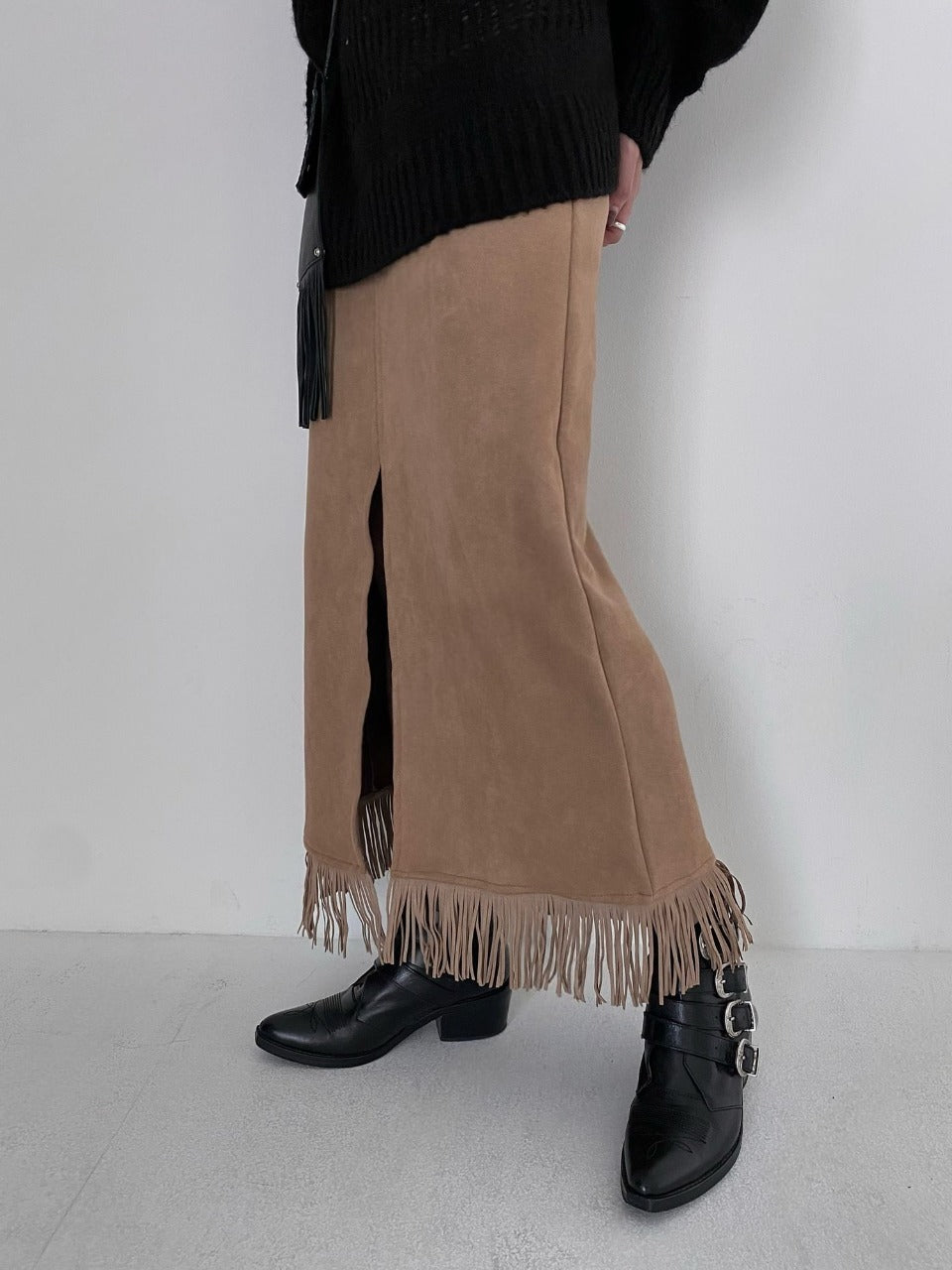 Suede Fringe Midi Skirt Dark Beige side view close-up fringe