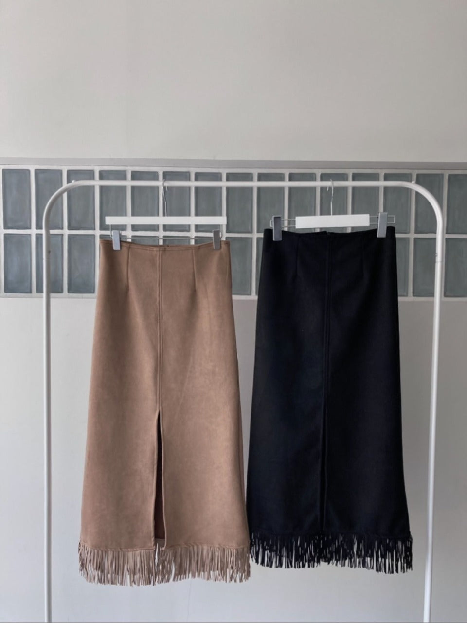 Suede Fringe Midi Skirt Dark Beige and Black on rack