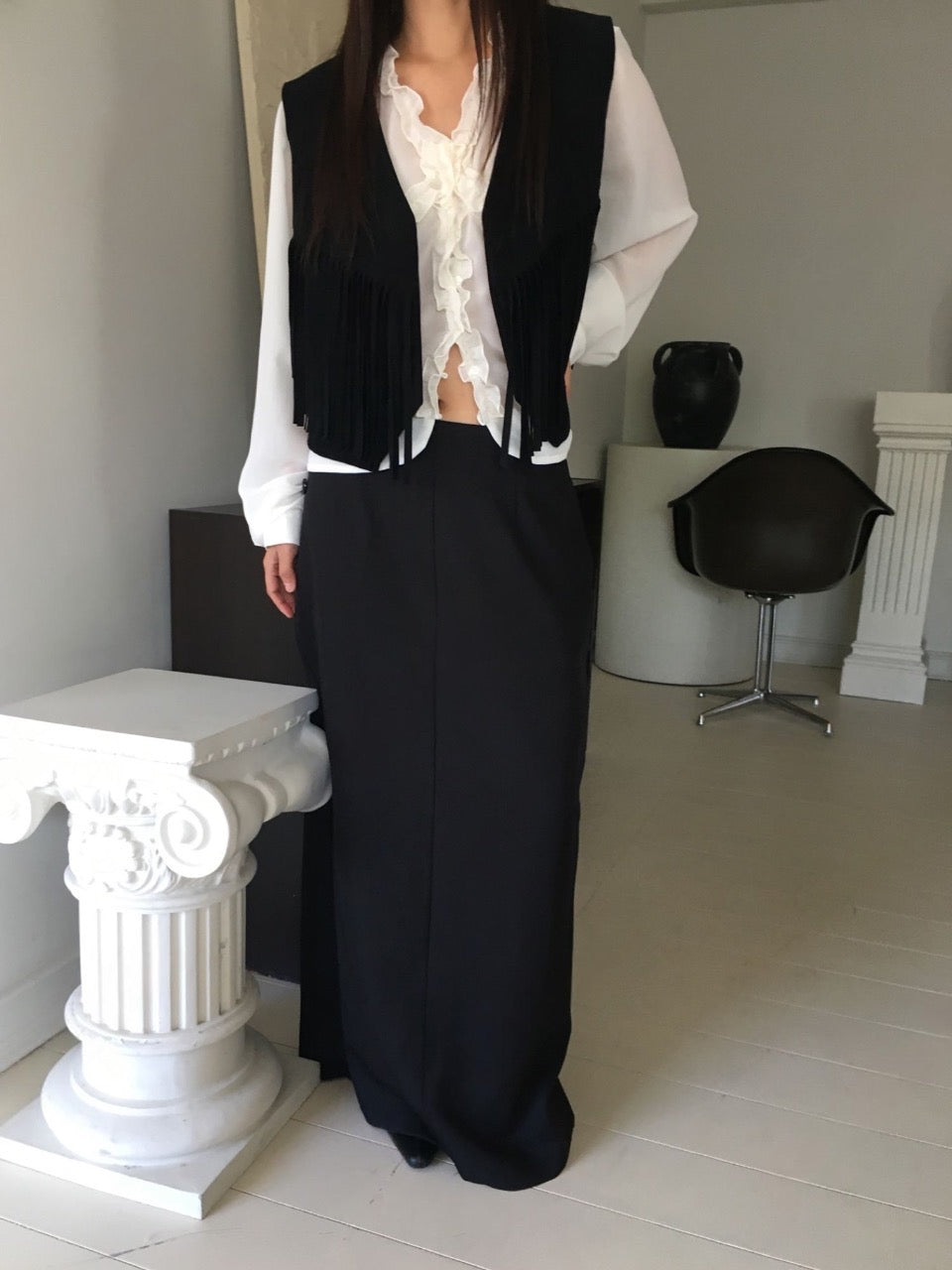 Suede Fringe Vest Black full body front styled