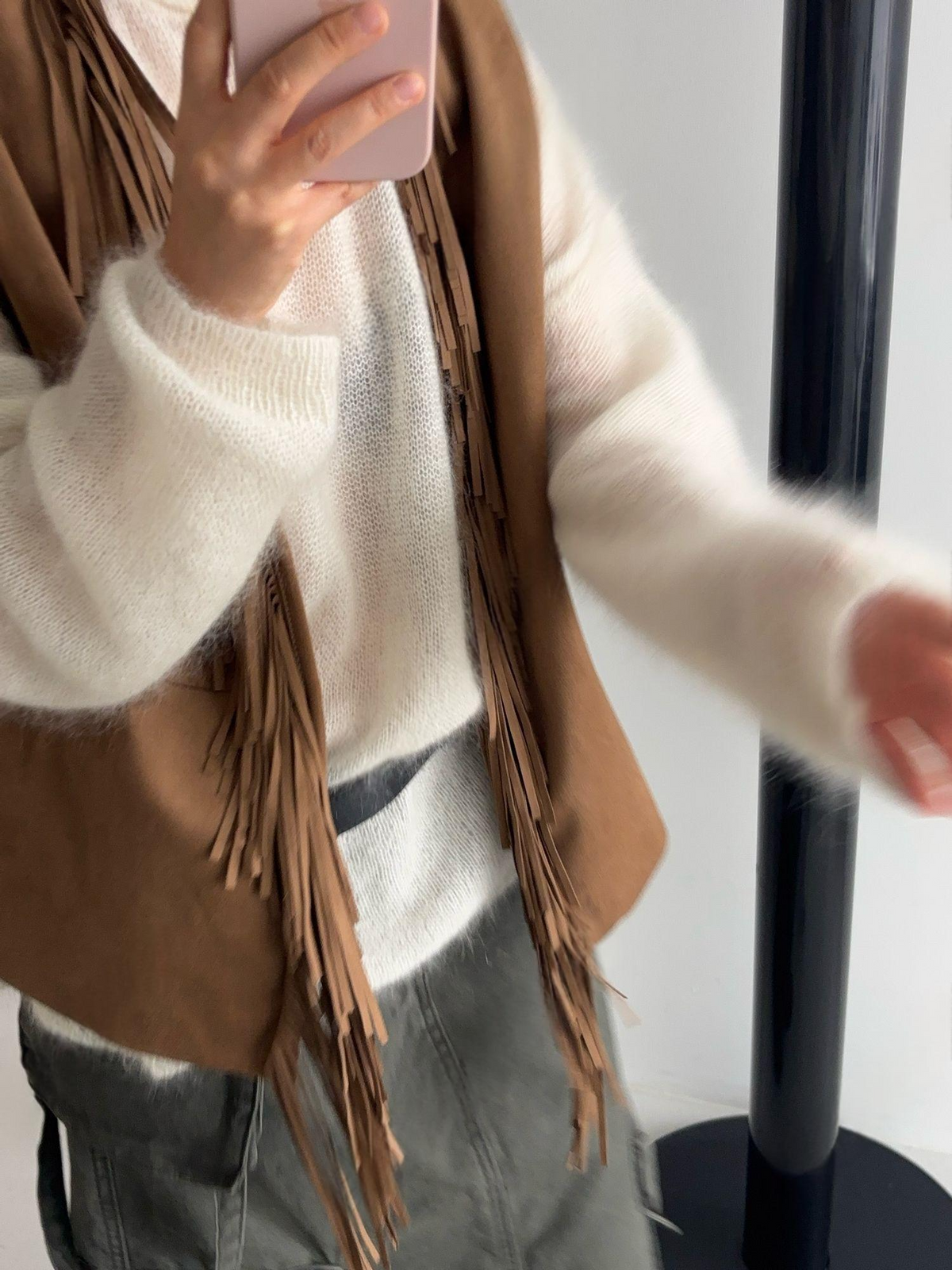 Suede Fringe Vest Dark Brown styled front open