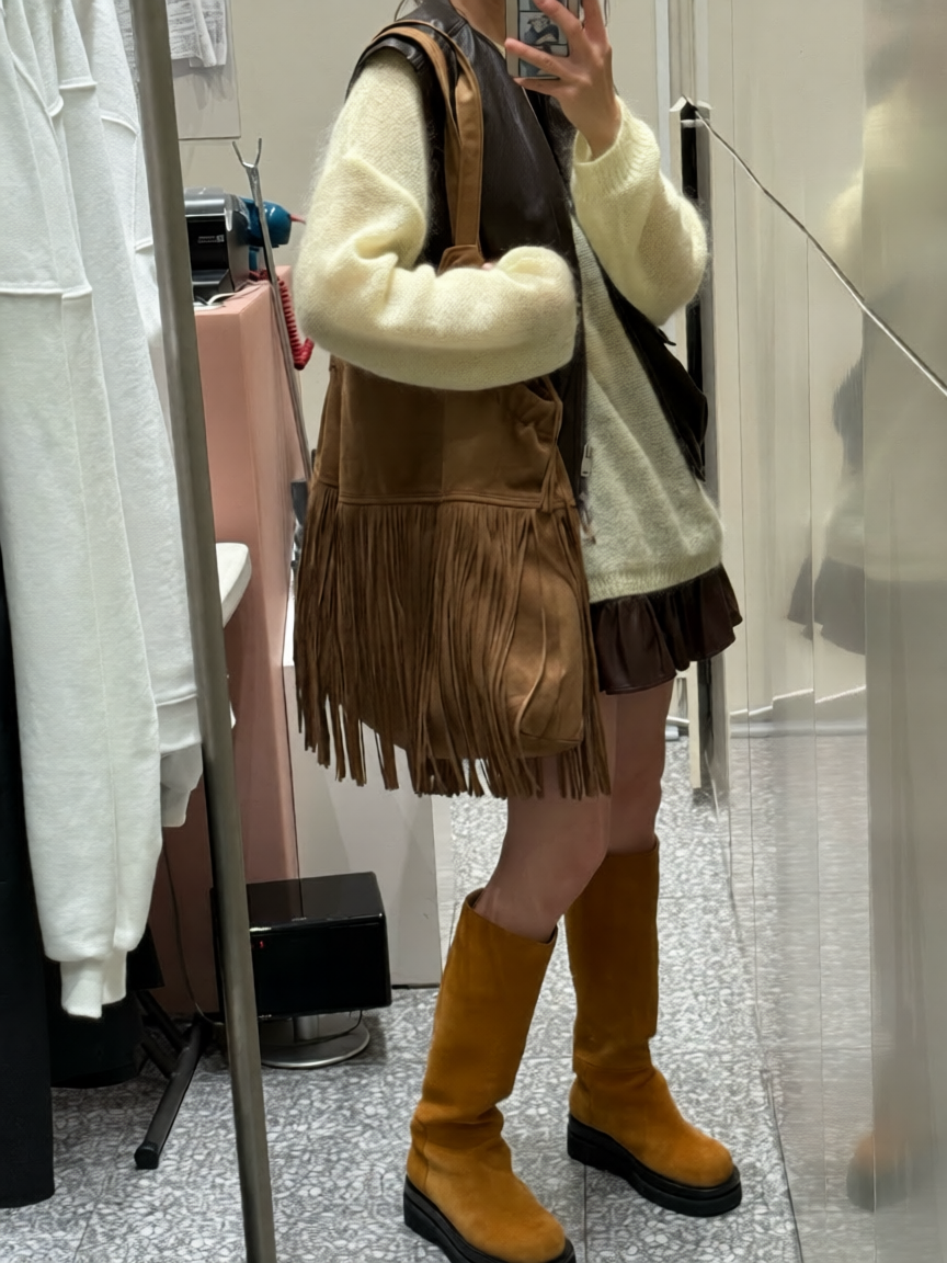 Suede Fringe Shoulder Bag Camel worn shoulder styled