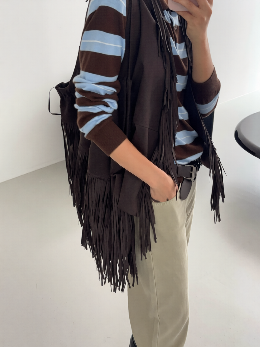 Suede Fringe Shoulder Bag Dark Brown worn shoulder styled