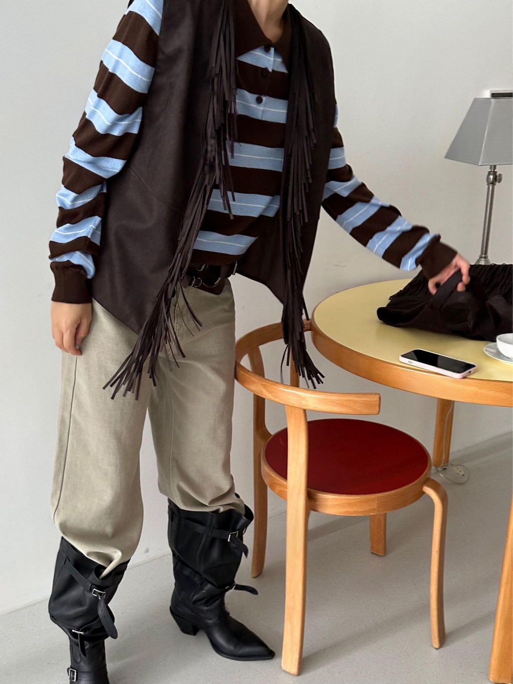 Suede Fringe Vest Dark Brown and Camel on rack