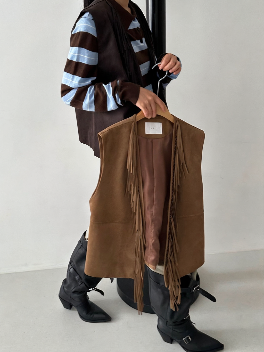 Suede Fringe Vest Dark Brown full body styled front