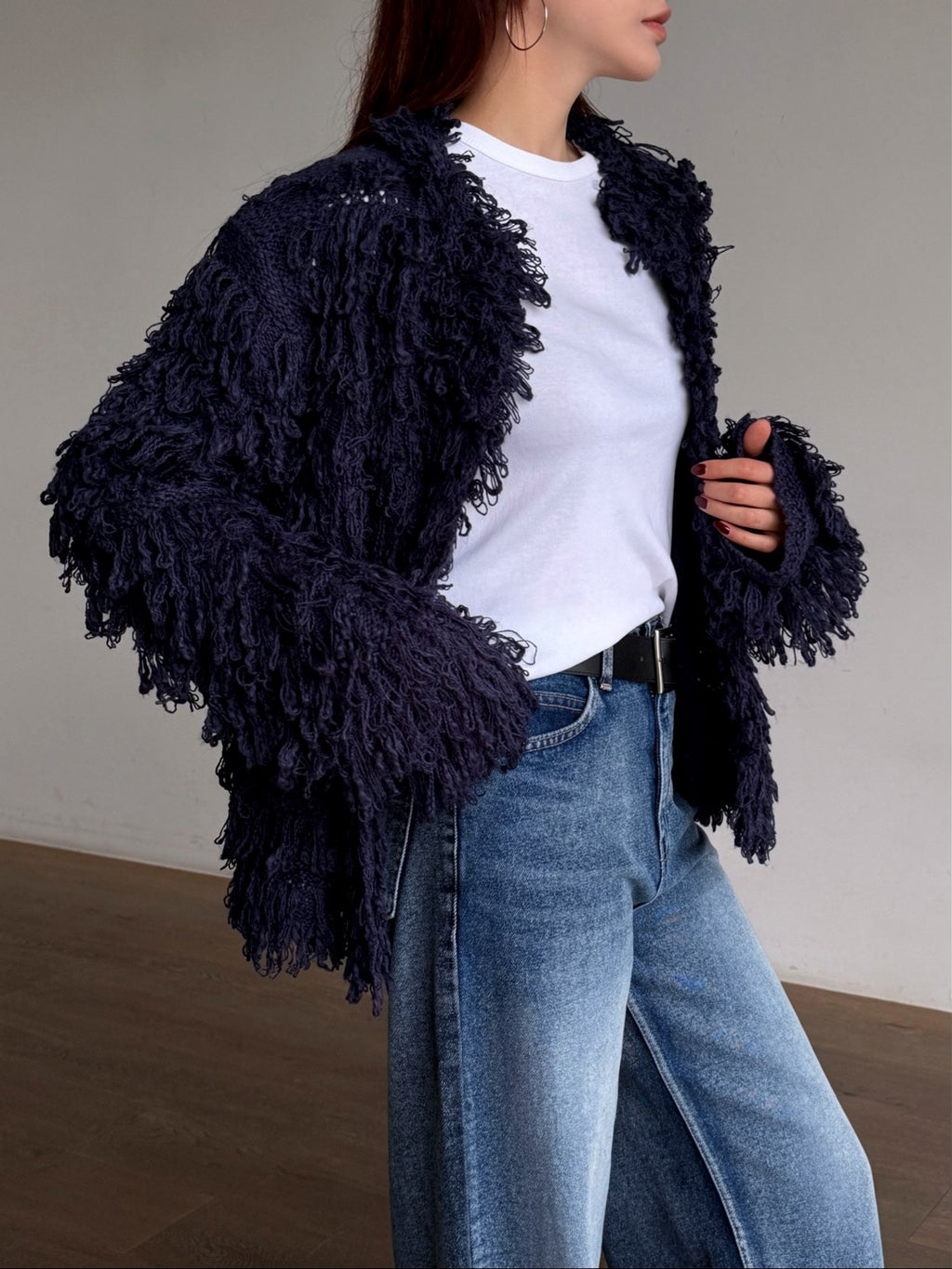 Fringe Knit Cardigan Black front styled