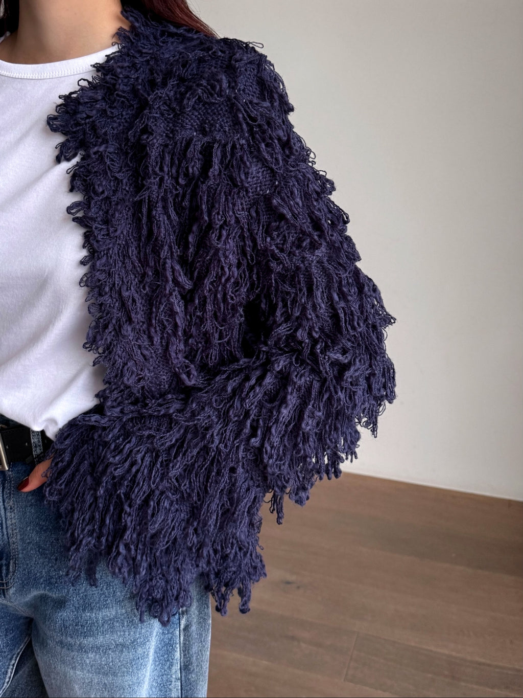 Fringe Knit Cardigan Beige side view styled