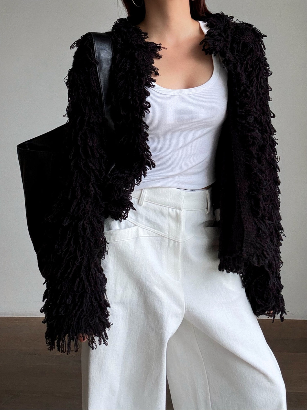 Fringe Knit Cardigan Beige front open full length