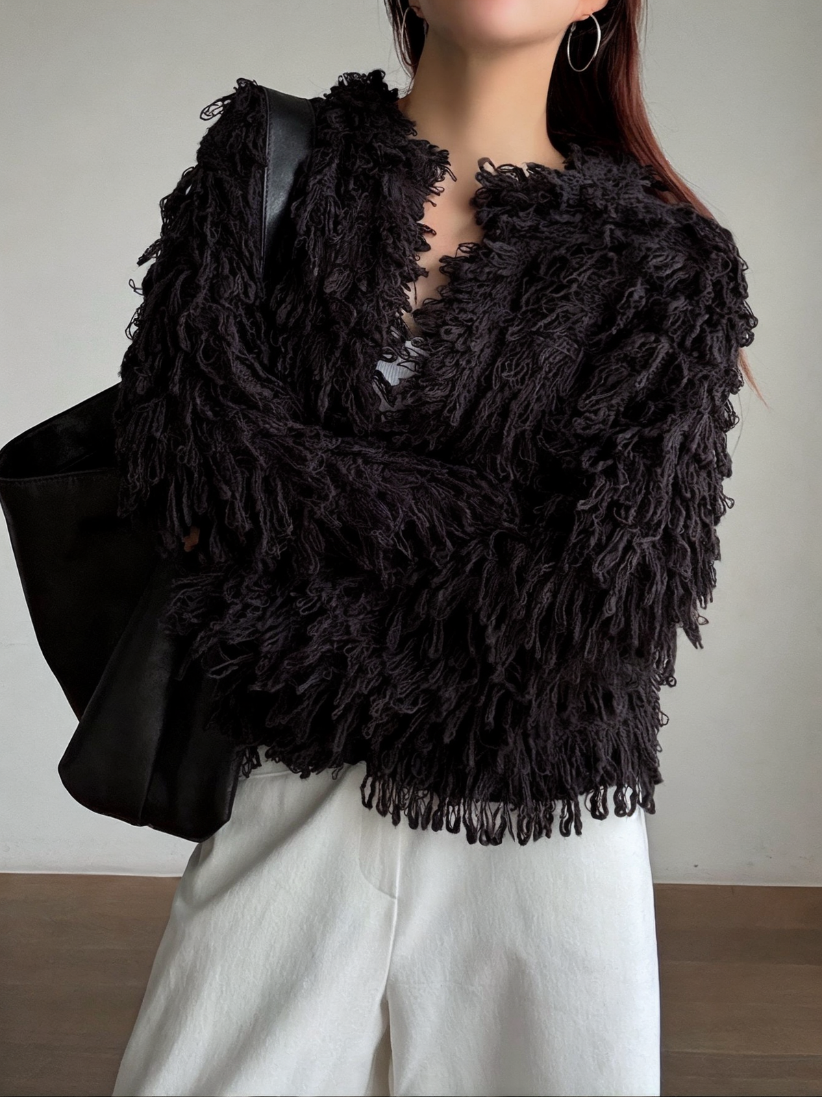 Fringe Knit Cardigan Beige front close-up texture