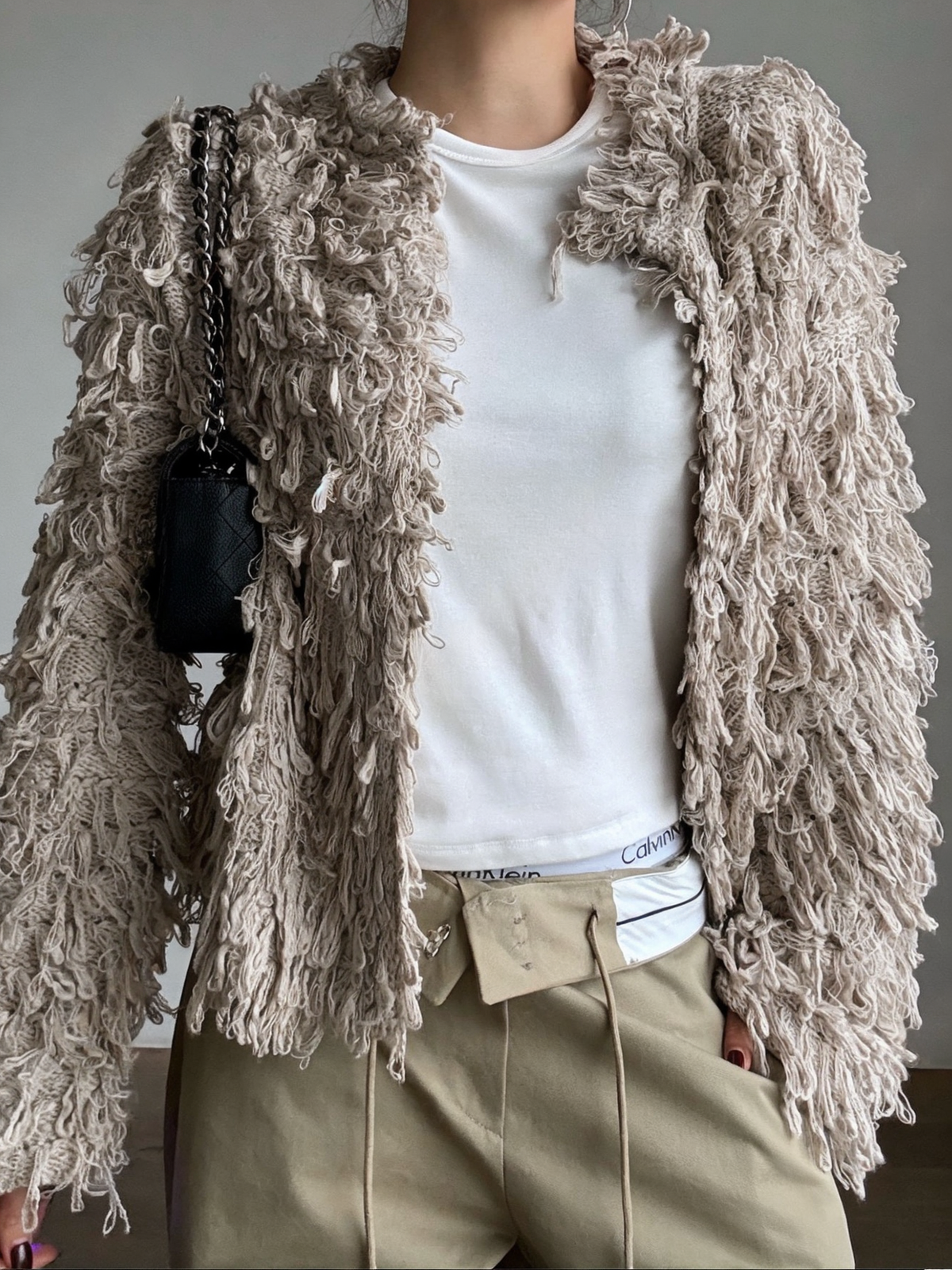 Fringe Knit Cardigan Beige detail loopy fringe