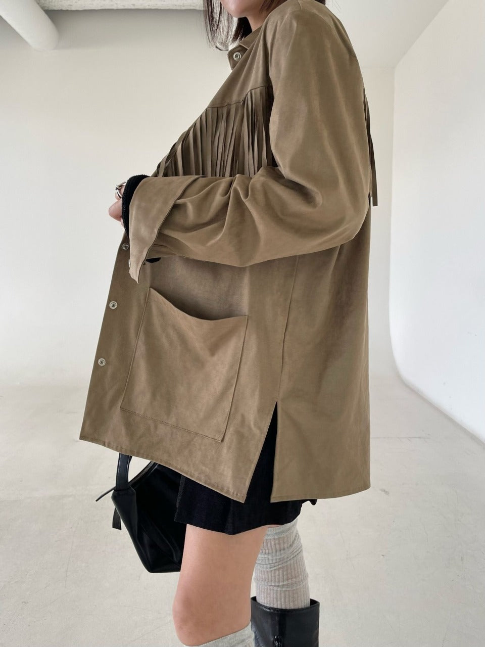 Suede Fringe Jacket Camel full body front open