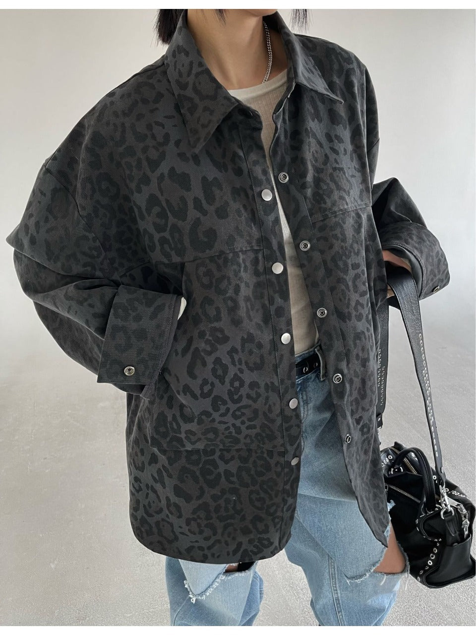 Leopard Print Shacket Light Gray front view styled with denim shorts and boots