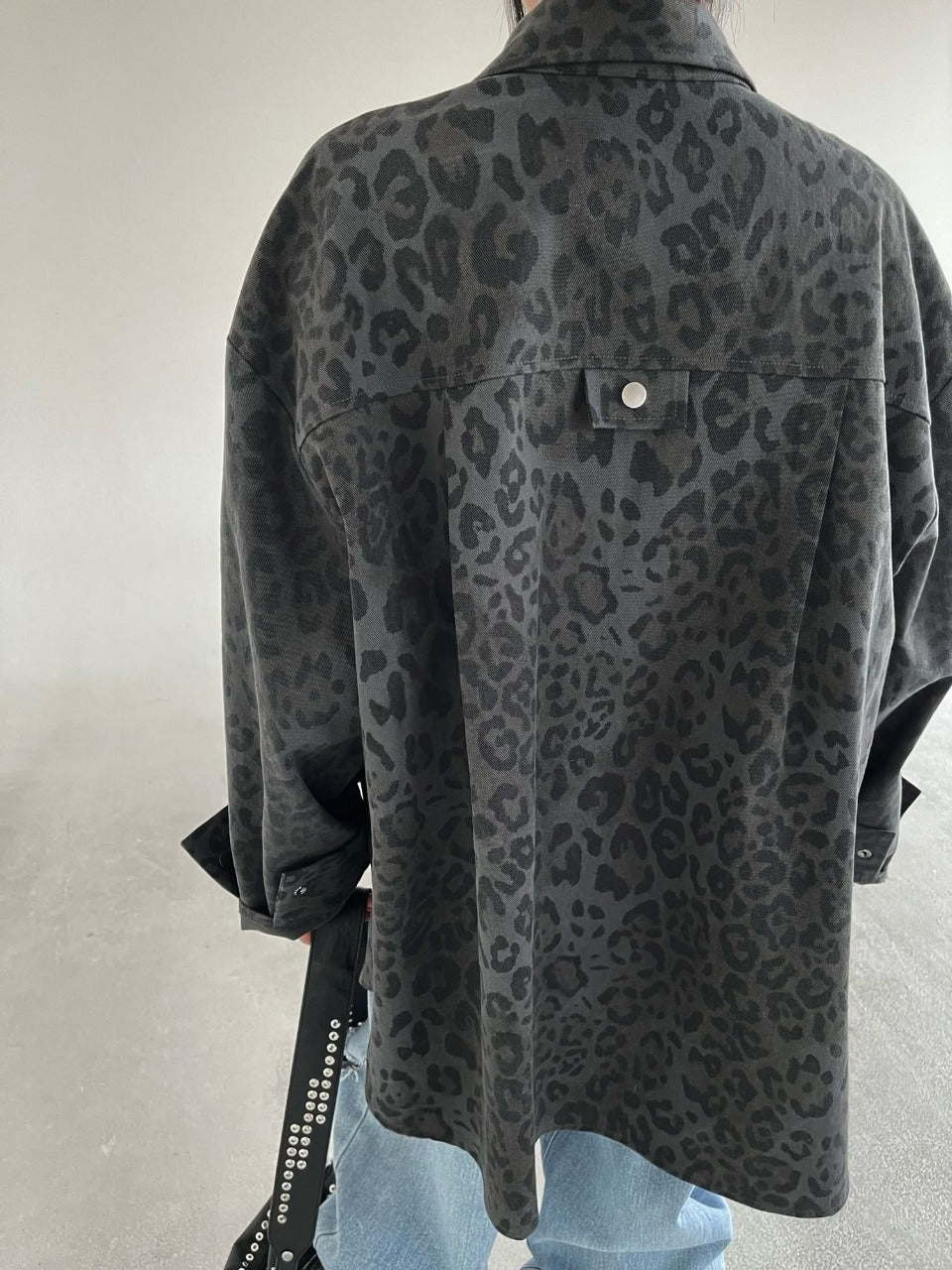 Leopard Print Shacket Light Gray and Dark Charcoal collar and fabric close-up on hanger