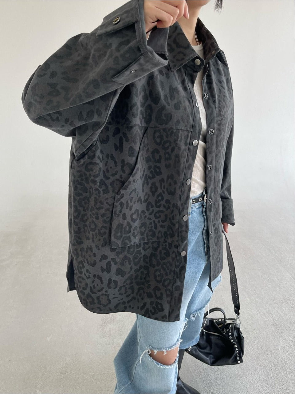 Leopard Print Shacket Light Gray back view styled with denim shorts and boots