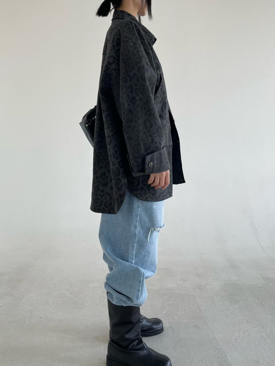 Leopard Print Shacket Dark Charcoal front view full body styled with jeans