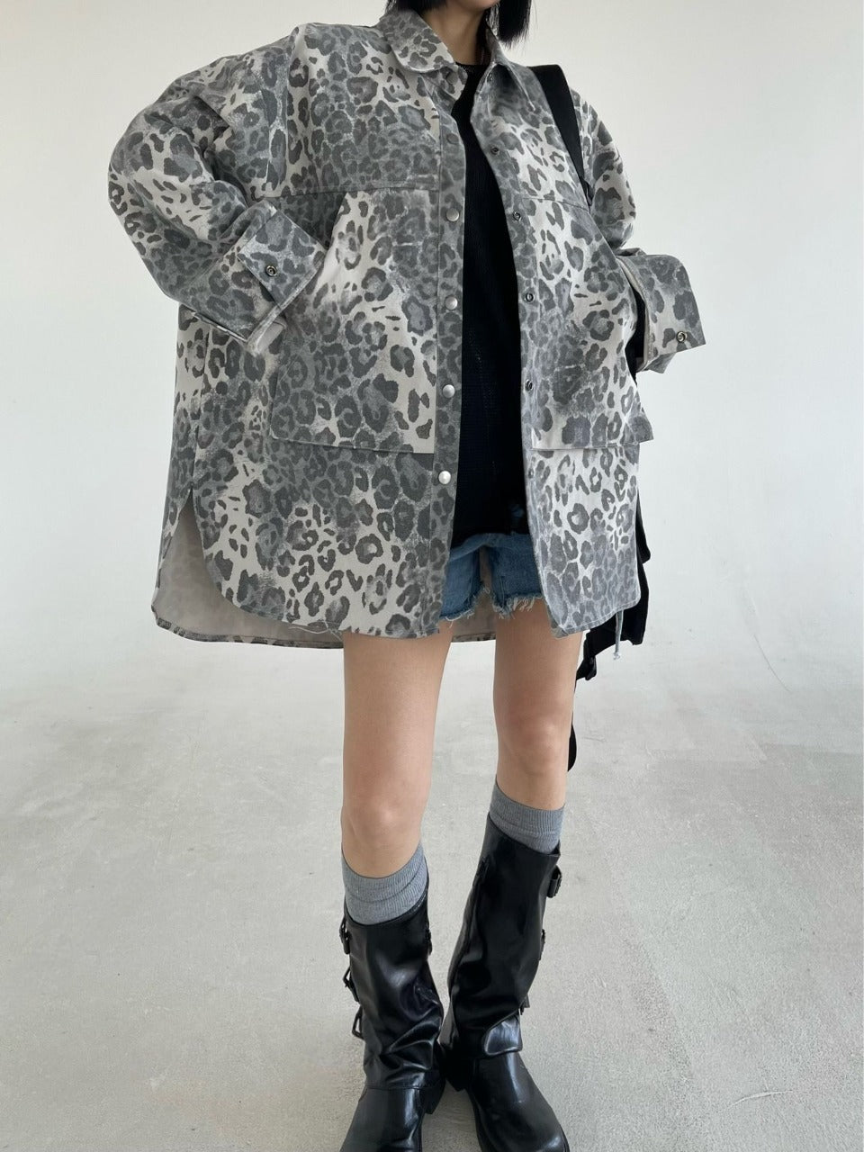 Leopard Print Shacket Dark Charcoal back view full body styled with jeans