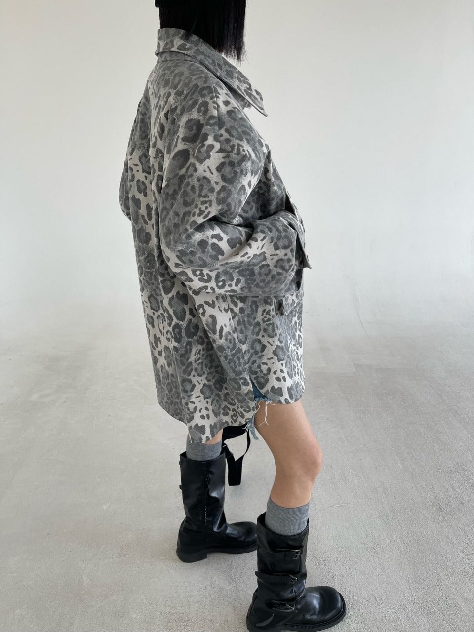 Leopard Print Shacket Dark Charcoal front view half-body styled with jeans