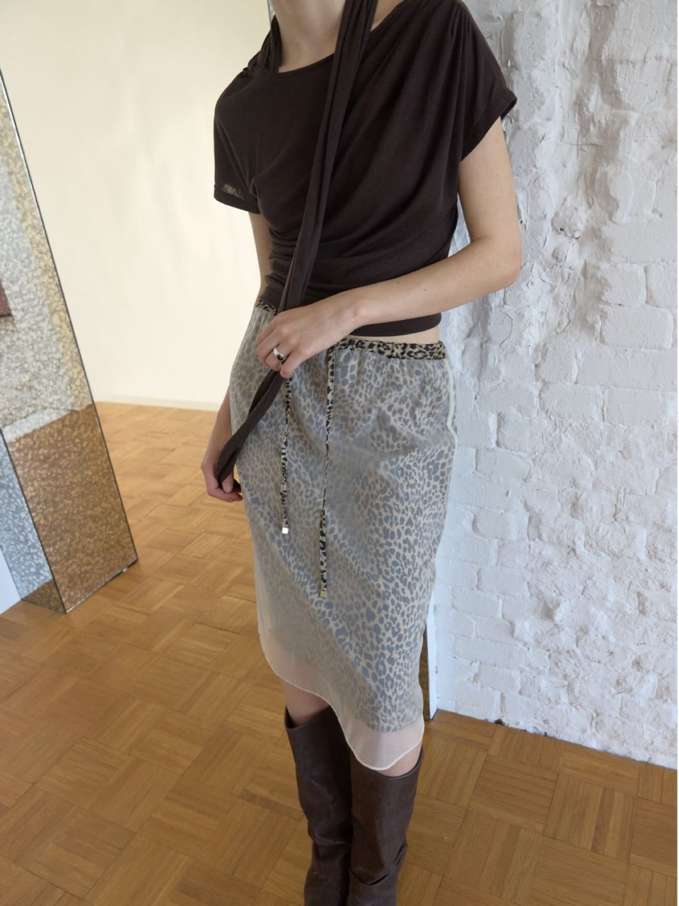 Leopard Chiffon Layered Midi Skirt Dark Gray front view styled with jacket and boots