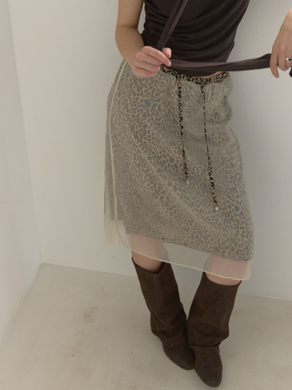 Leopard Chiffon Layered Midi Skirt Dark Gray side view styled with brown boots