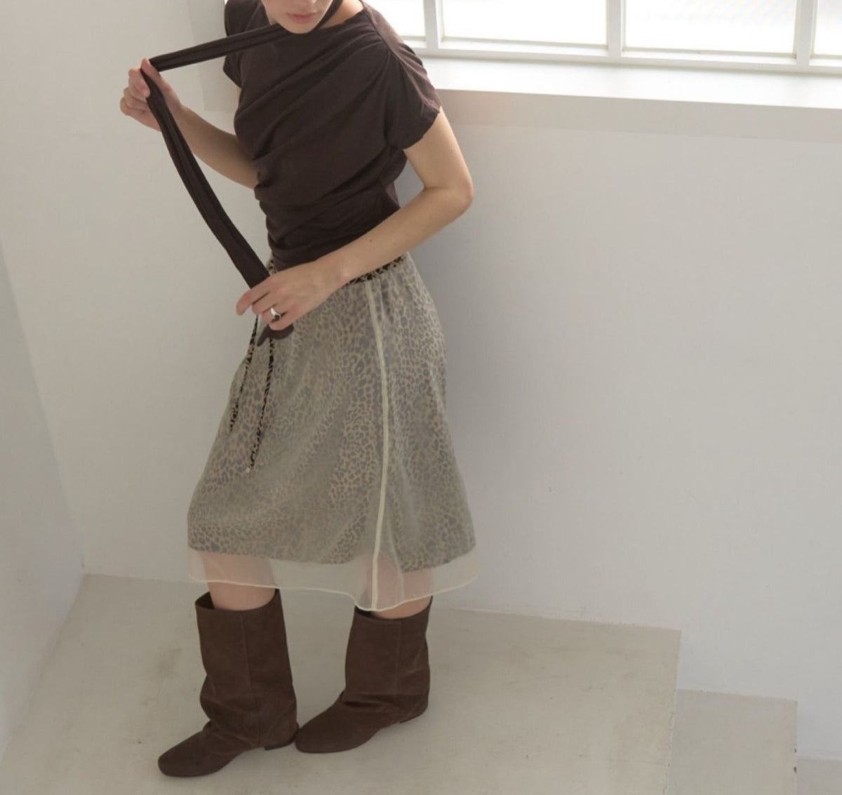 Leopard Chiffon Layered Midi Skirt Dark Gray front view styled with brown top and boots