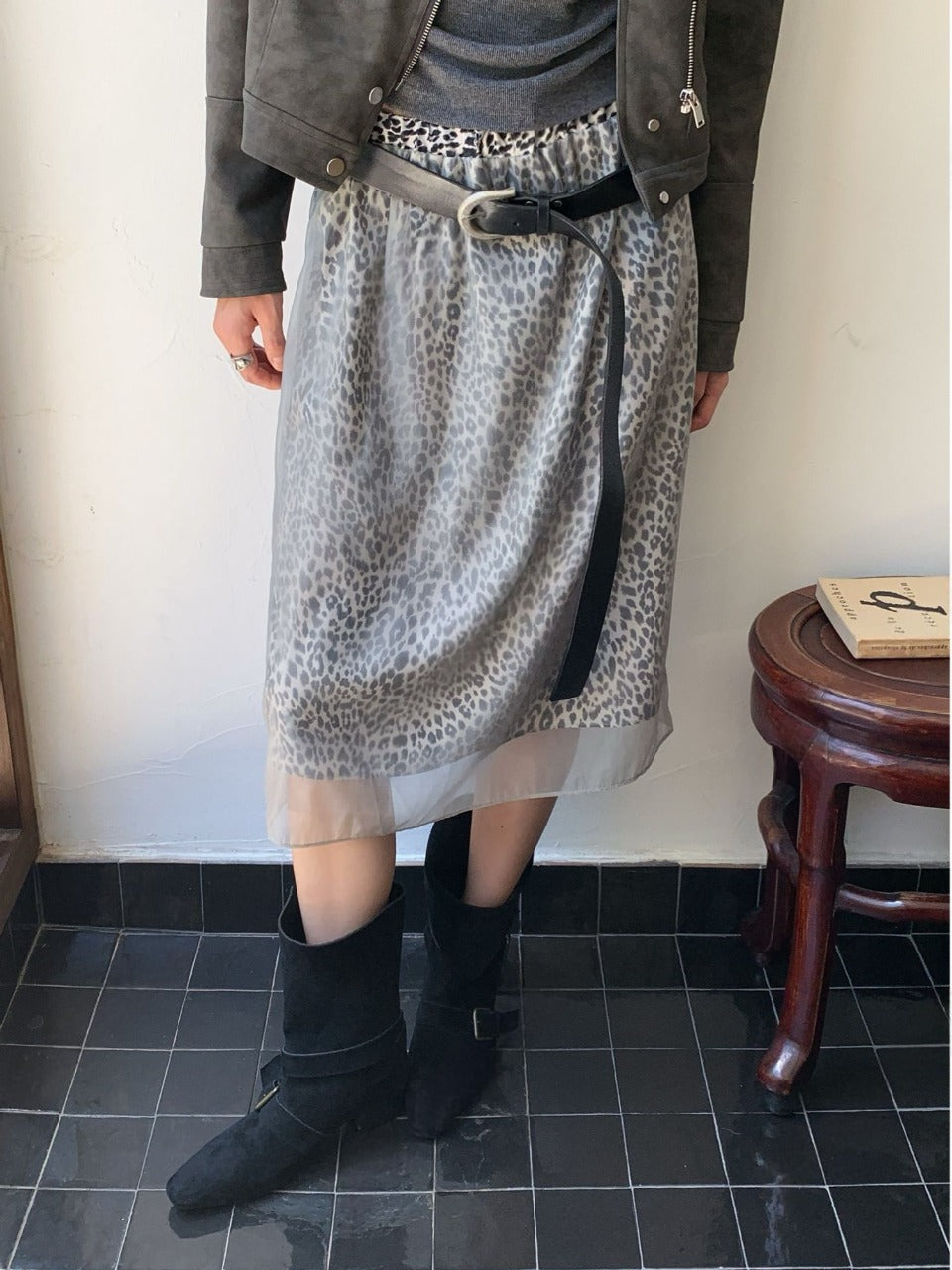 Leopard Chiffon Layered Midi Skirt Beige side view full length styled with boots