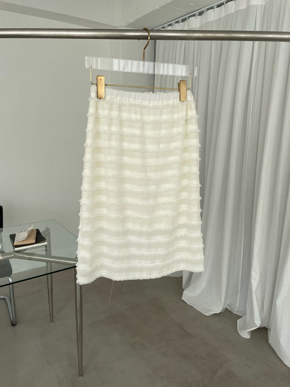 Tiered Fringe Midi Skirt Ivory front view with sash styled