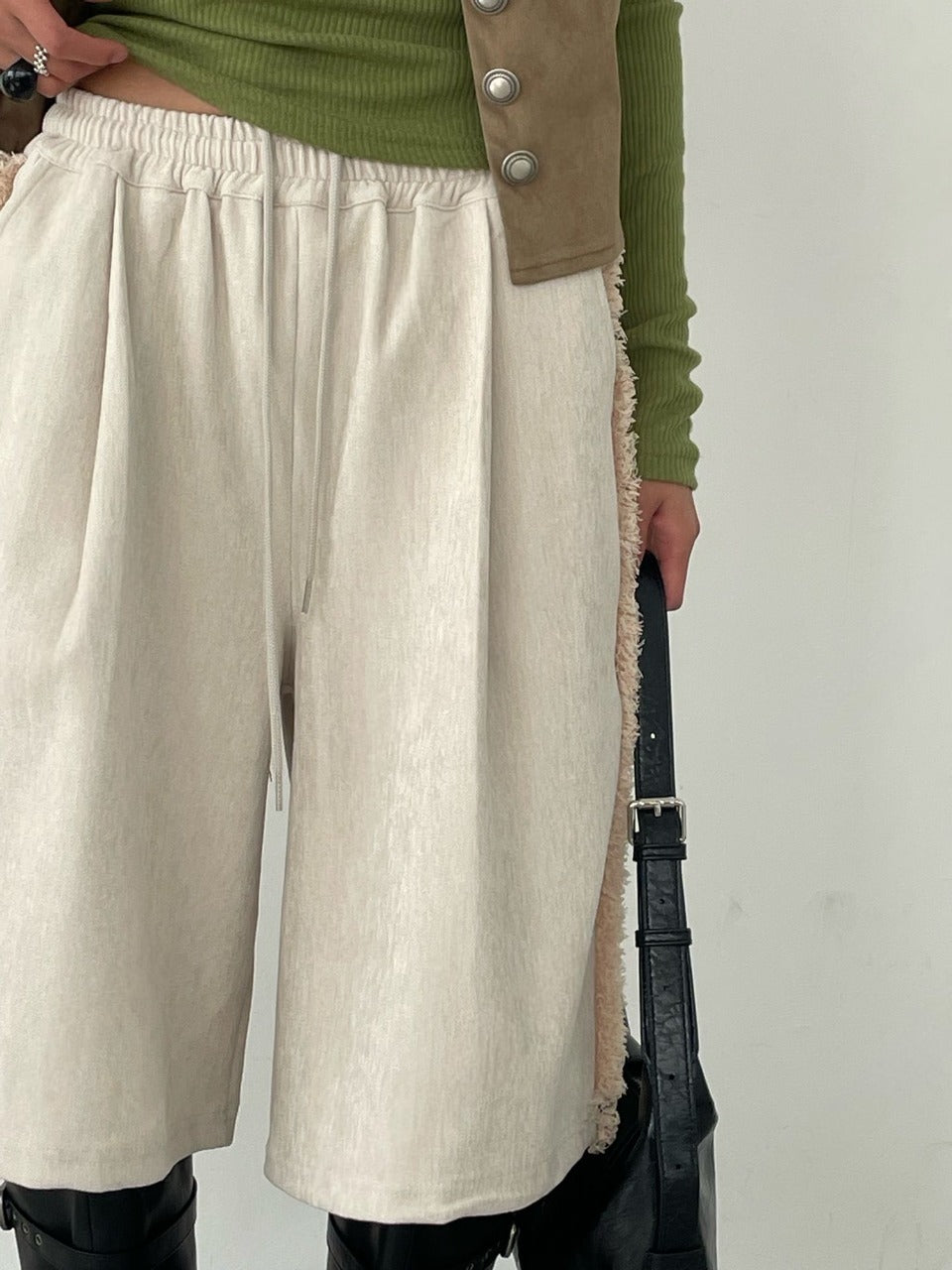 Wide-Leg Tassel Shorts Light Beige full body front styled 3