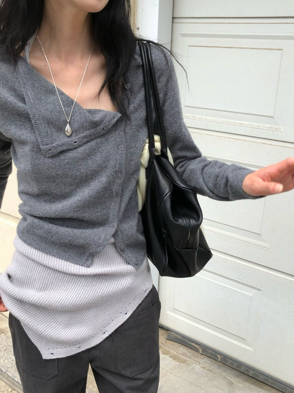 Brown asymmetric button knit cardigan styled with a scarf