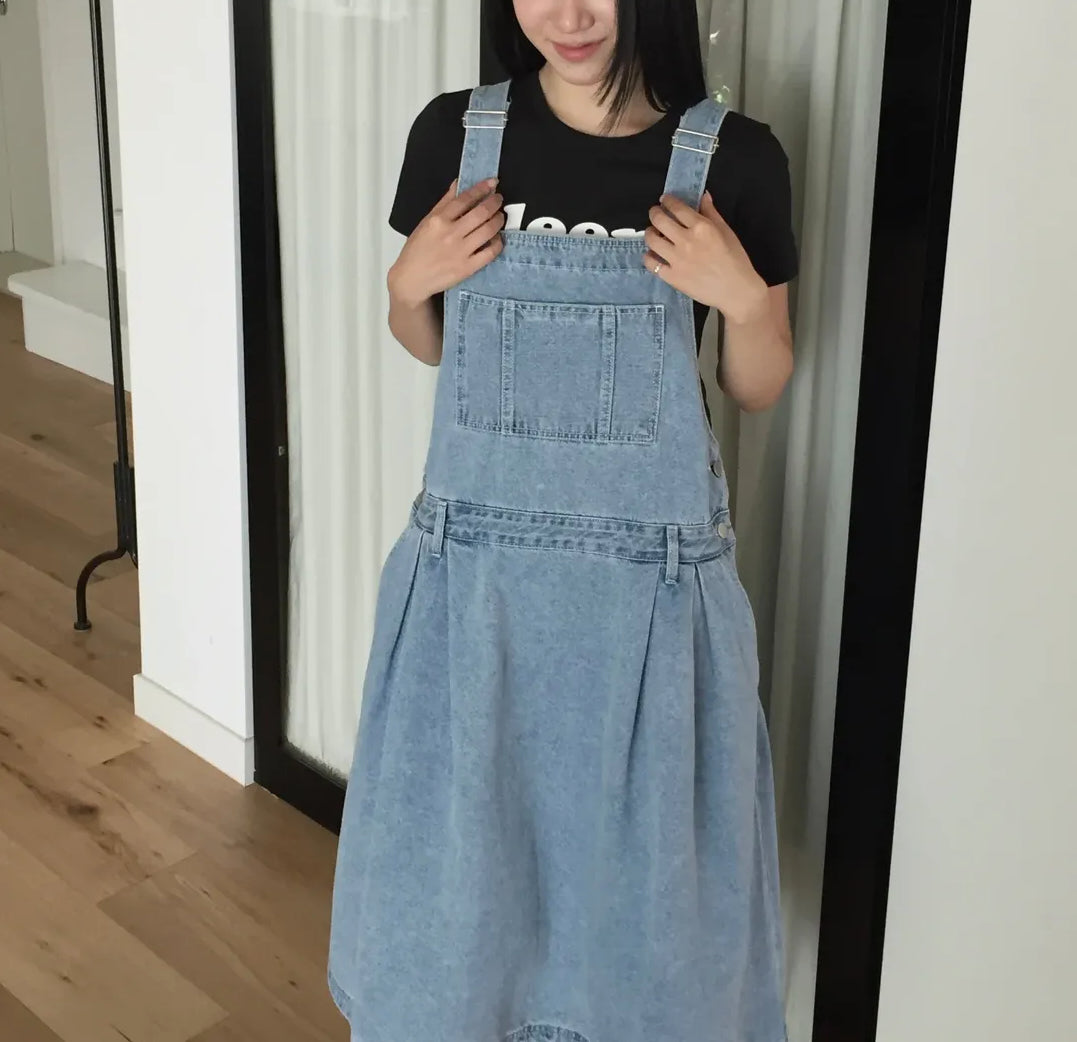 Lovemoment Pleated Denim Overall Midi Skirt