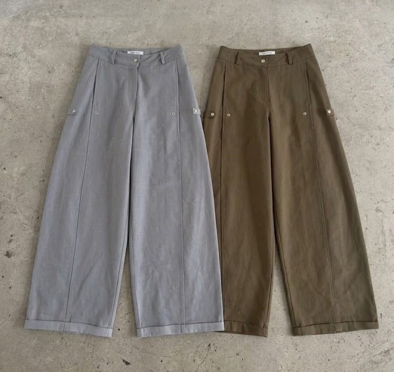 Overnear Wide Leg Trouser Pants — Cotton High Waist Tuck Pleat Flap Pocket Roll-Up Hem