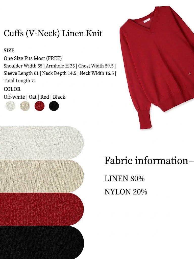Maglione in maglia a V con maniche a palloncino in misto lino