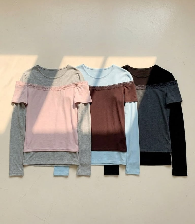 Excuse  Layered Lace-Trim Off-Shoulder Long Sleeve Top