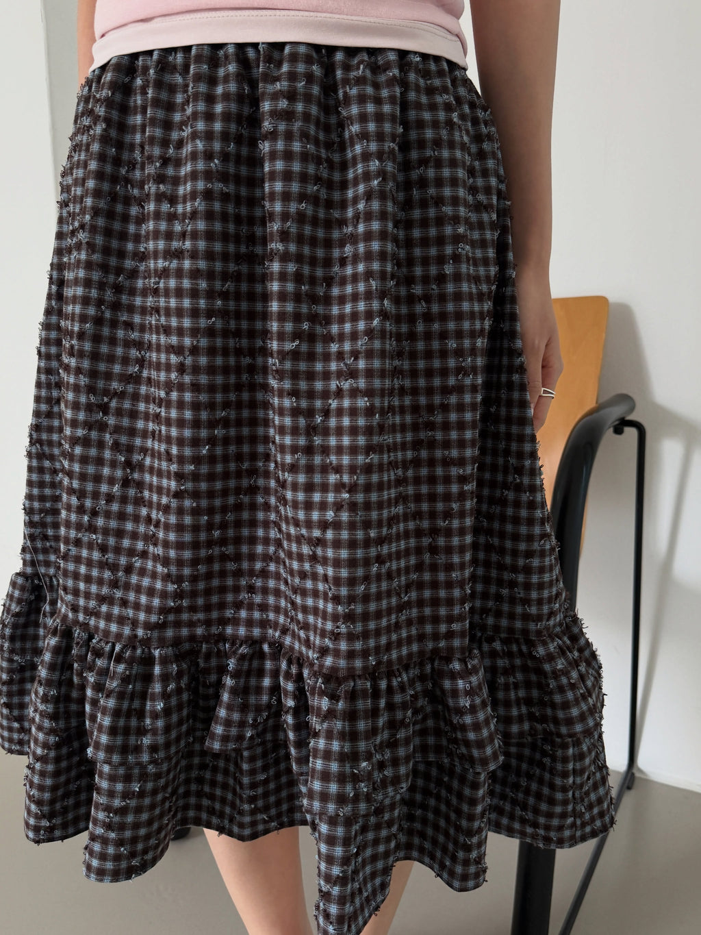 Poesie Check Elastic Waist Midi Skirt with Ruffle Hem