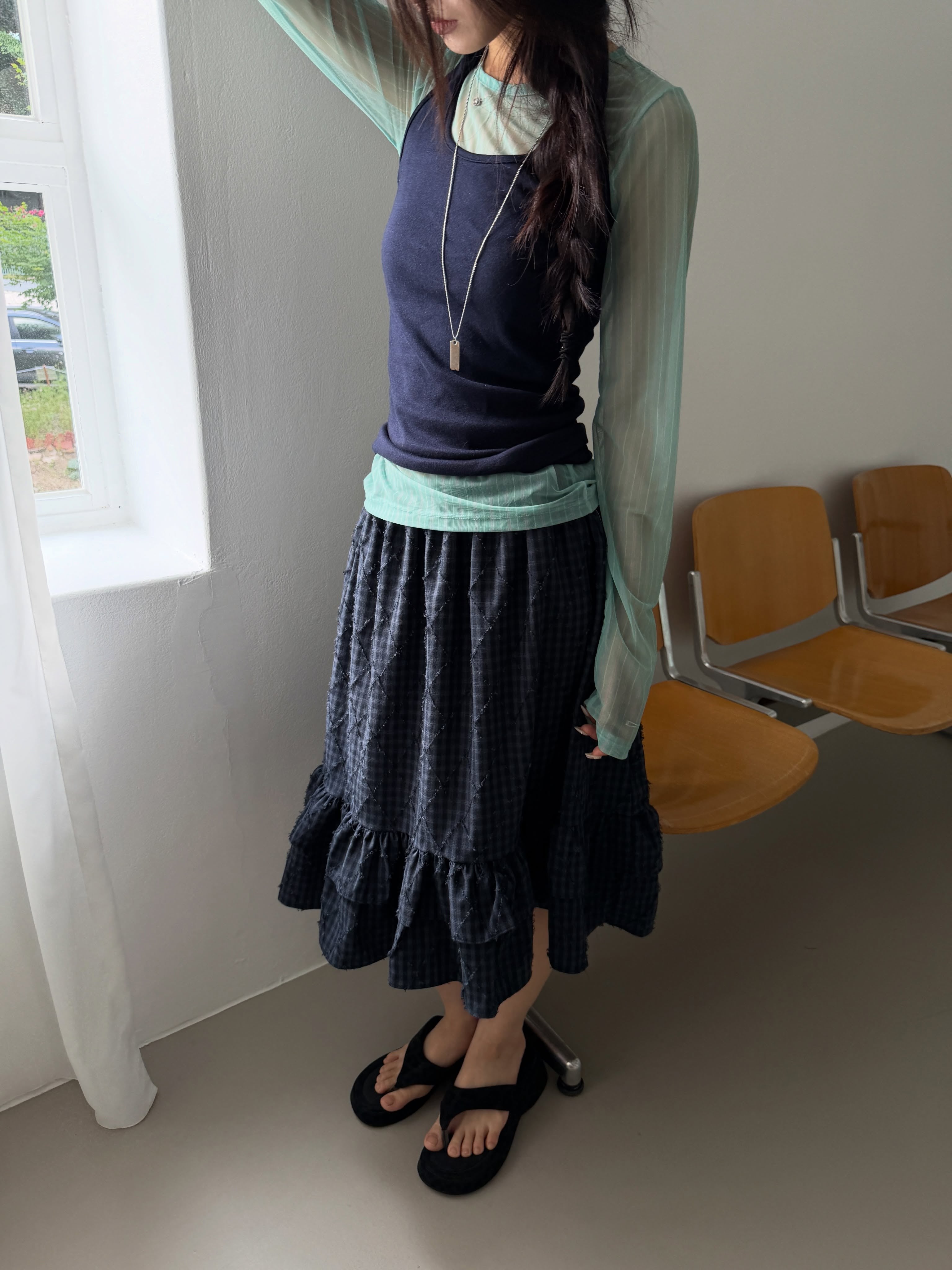 Poesie Check Elastic Waist Midi Skirt with Ruffle Hem