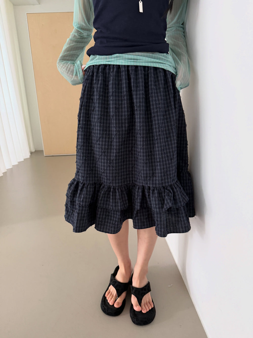 Poesie Check Elastic Waist Midi Skirt with Ruffle Hem