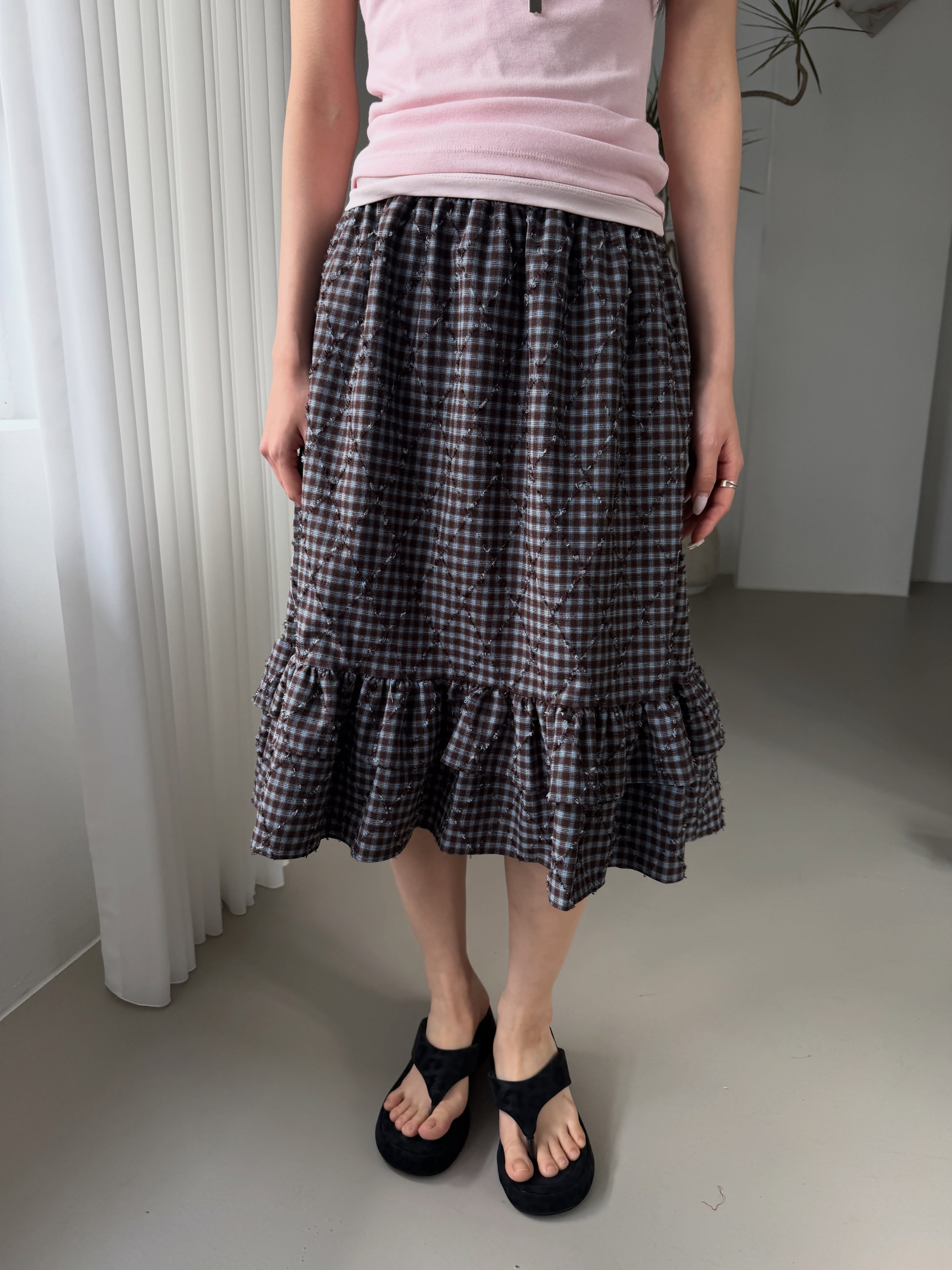 Poesie Check Elastic Waist Midi Skirt with Ruffle Hem