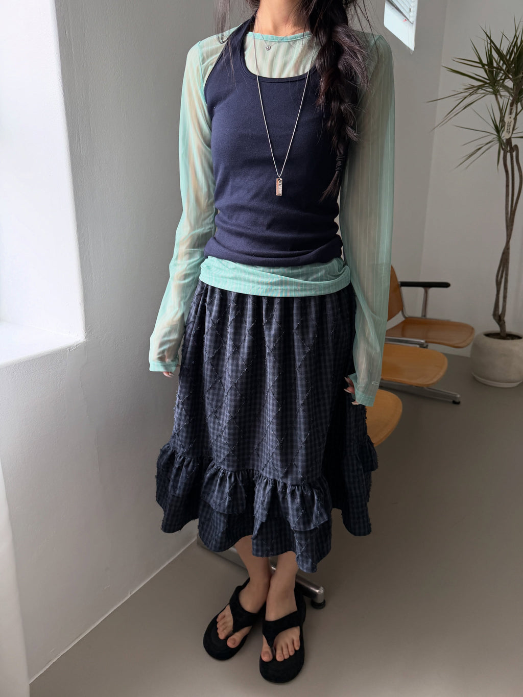Poesie Check Elastic Waist Midi Skirt with Ruffle Hem